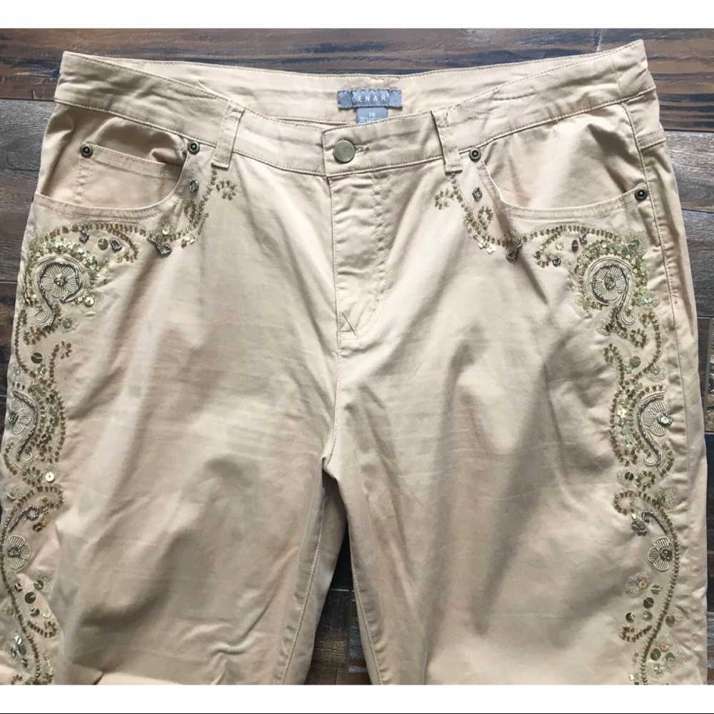 KENAR Embellished Beaded Embroidered  Stretch Jeans 10